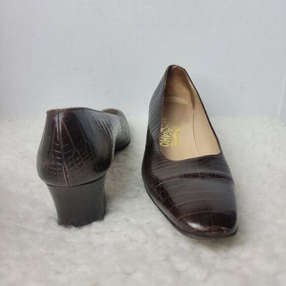 Salvatore Ferragamo Womens Size 9.5 AAA Brown Croc Embossed Leather Heels Pumps - Picture 5 of 11